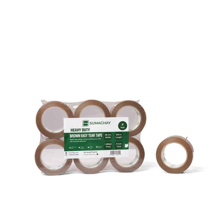 Heavy Duty Brown Easy Tear Tape - 48mm x 100m, 1.89mil Thick, 3 inch Core (36 Rolls) Sumachay Lifts