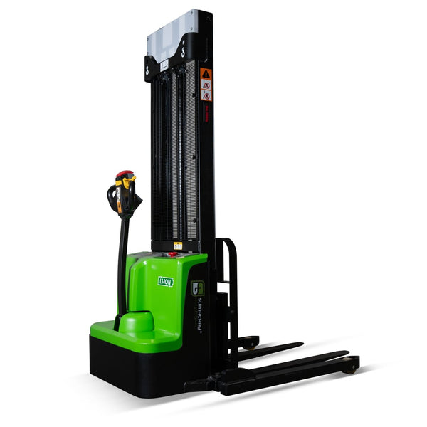 Green and black pallet stacker on a white background